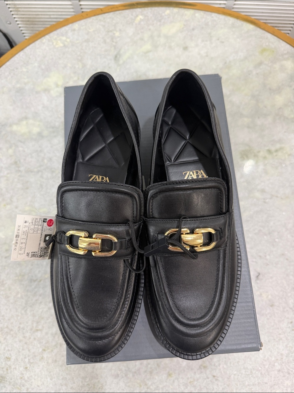Zara Black Leather Loafers with Gold Chain Accent